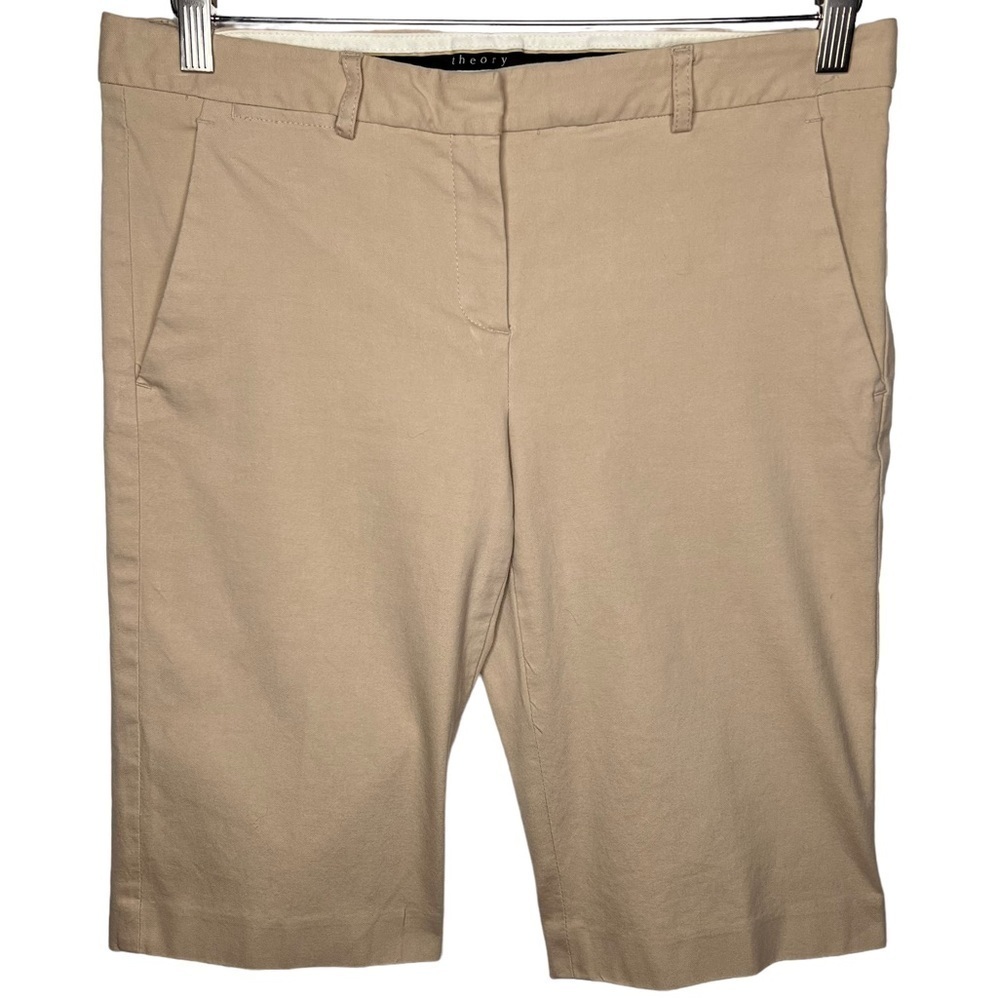 Theory Women’s Tan Cotton Stretch Chino Bermuda Shorts Size 8 Pockets Neutral